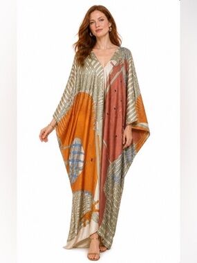 Flowy Abstract Print Caftan Dress in Rust, Orange & Olive